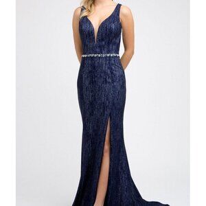 Navy Deep Neckline Sleeveless Leg Slit JT237